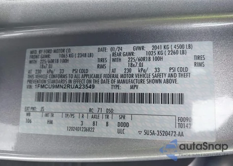 2024 Ford Escape St-Line z USA, uszkodzony, nr VIN 1FMCU9MN2RUA23549